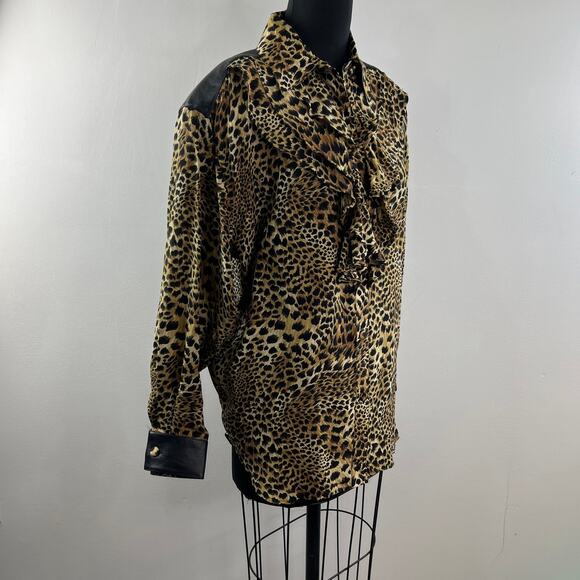 Vintage CACHE Brown Top Silk Leopard Ruffle Collar Leather Button-Up Sz M Medium - Picture 4 of 8